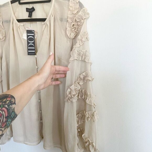 Topshop Ruffle Sheer Long Sleeve Blouse Cream 6 - Picture 6 of 10